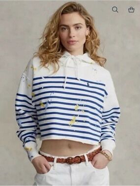 Polo Ralph Lauren White & Navy Striped Cropped Hoodie with Paint Splatter